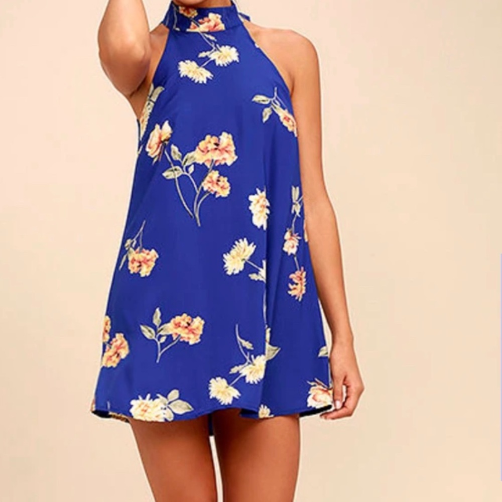 Lulu’s Darling Dearest Royal Blue Floral Print Swing Dress